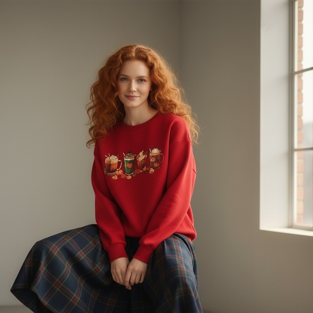 Shein Cozy Autumn Pumpkin Coffee Lover Red Sweatshirt Size L
